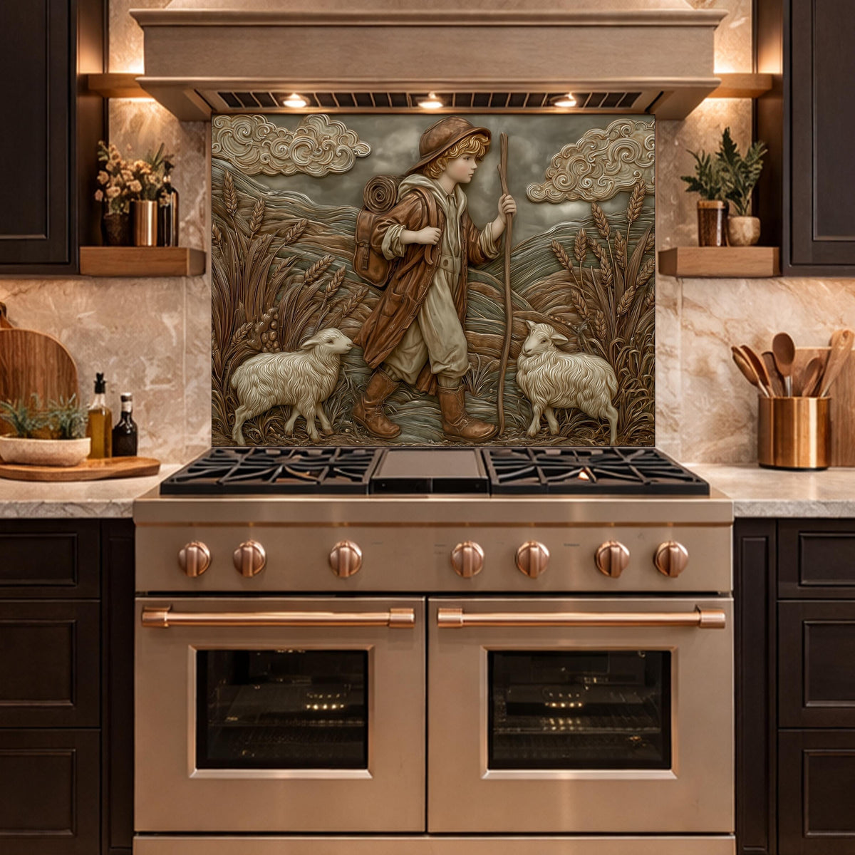 Young Shepherd and Wheat Field Tempered Glass Backsplash, Copper Relief Look Wall Panel