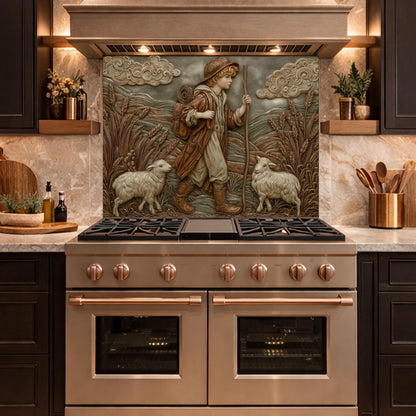 Young Shepherd and Wheat Field Tempered Glass Backsplash, Copper Relief Look Wall Panel