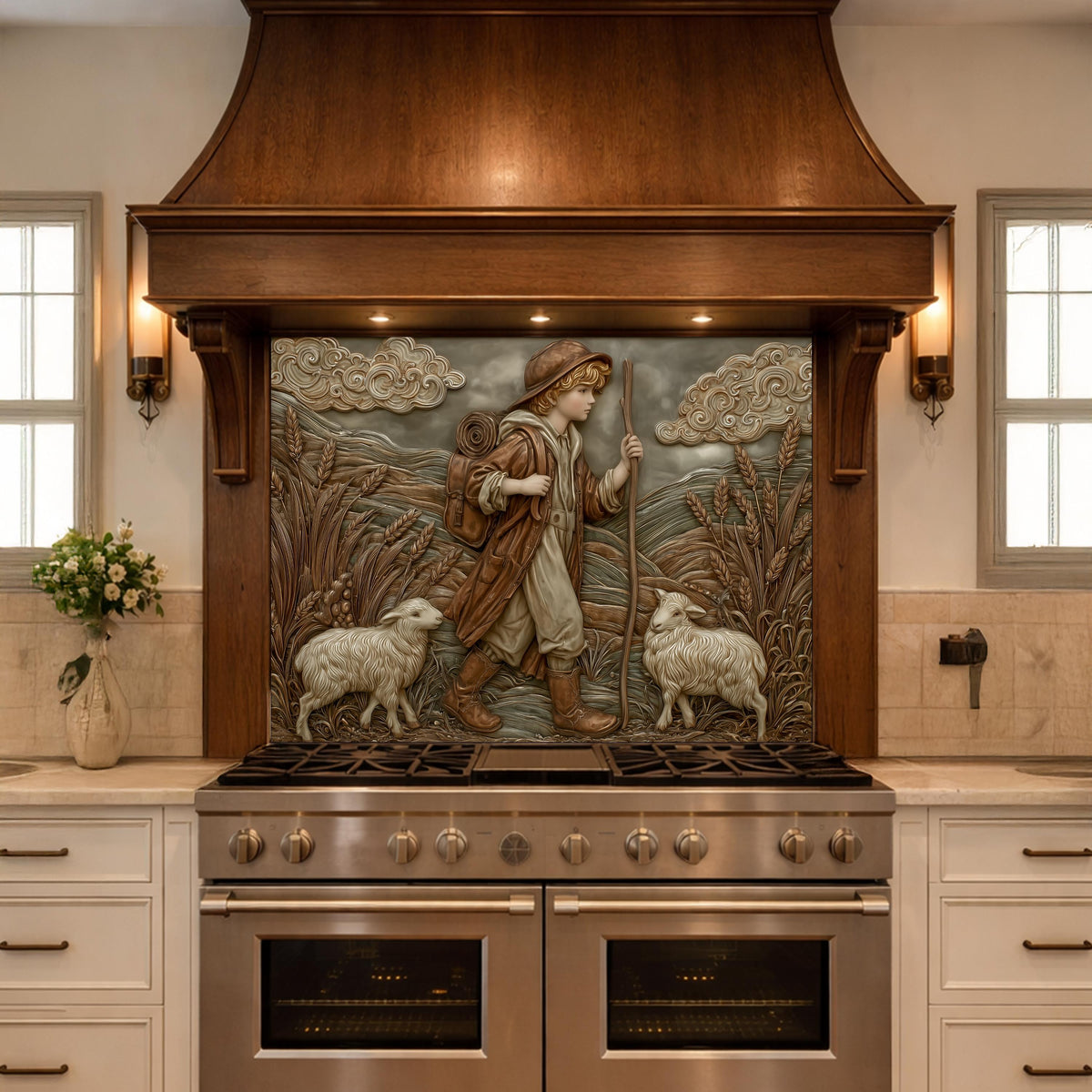 Young Shepherd and Wheat Field Tempered Glass Backsplash, Copper Relief Look Wall Panel