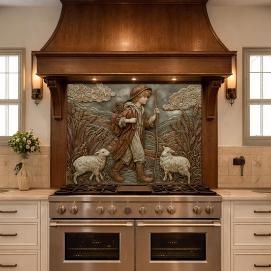 Young Shepherd and Wheat Field Tempered Glass Backsplash, Copper Relief Look Wall Panel