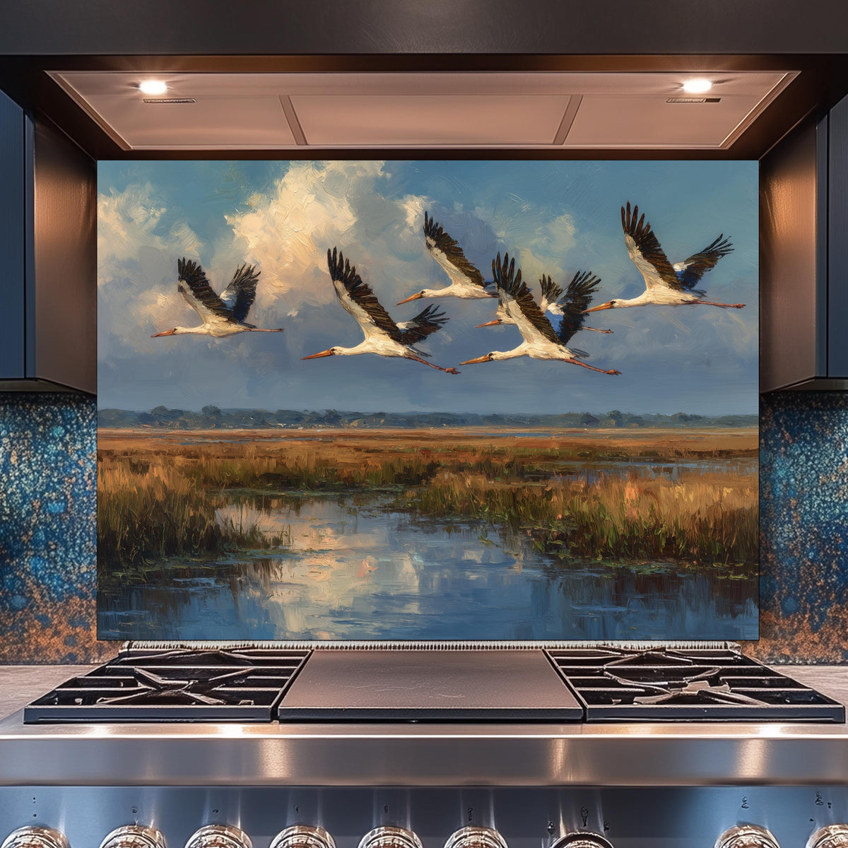 Copper Relief Flying Storks Tempered Glass Backsplash, Rustic Nature Wall Panel, Stove Guard