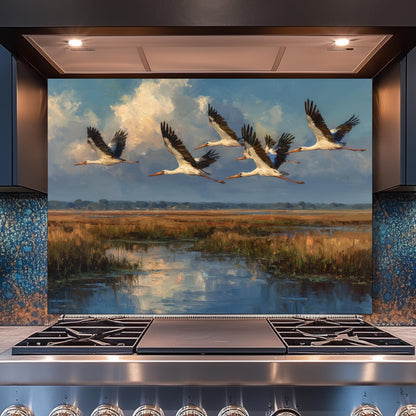 Copper Relief Flying Storks Tempered Glass Backsplash, Rustic Nature Wall Panel, Stove Guard