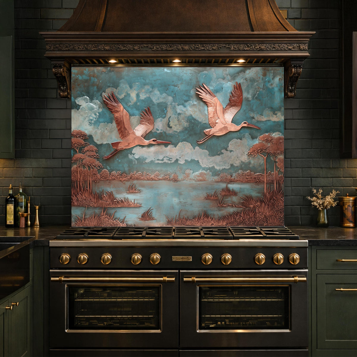 Copper Relief Flying Storks Tempered Glass Backsplash, Rustic Nature Wall Panel, Stove Guard