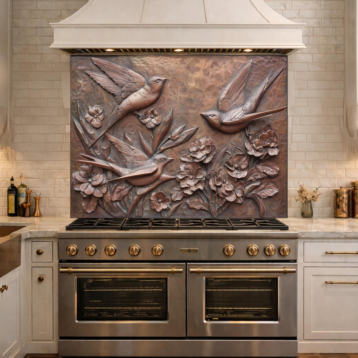 Hammered Copper Birds and Flowers Tempered Glass Backsplash, Rustic Metal Relief Wall Panel