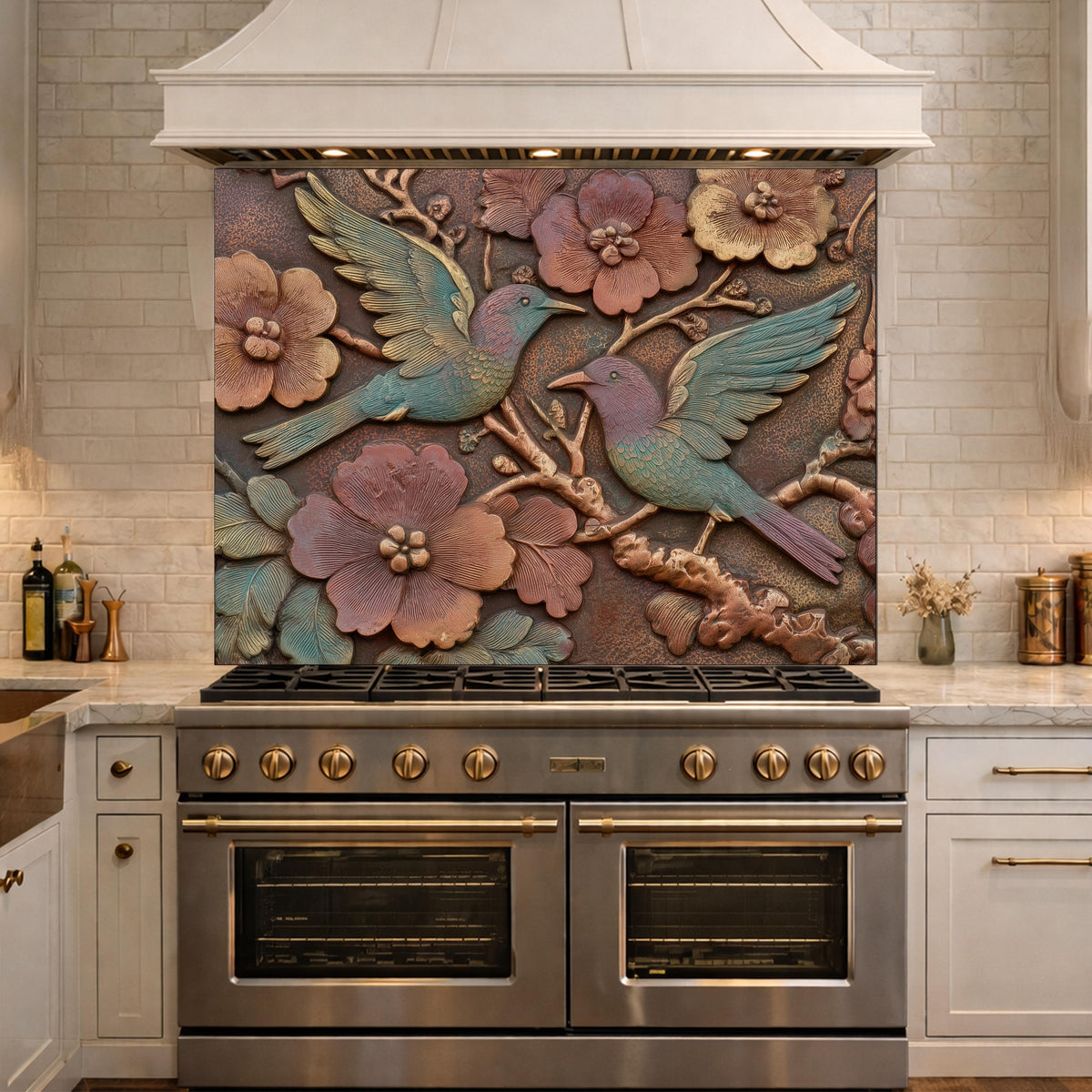 Colorful Songbirds in Copper Floral Relief Tempered Glass Backsplash, Rustic Botanical Wall Panel