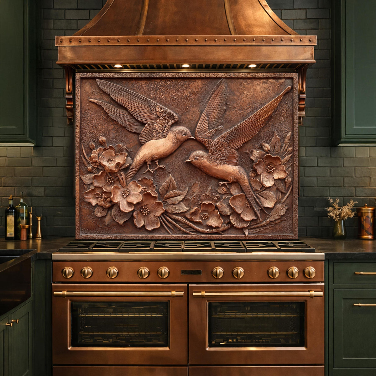 Copper Birds and Rose Relief Tempered Glass Backsplash, Rustic Metal Floral Wall Panel