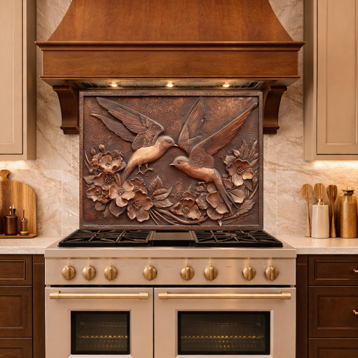 Copper Birds and Rose Relief Tempered Glass Backsplash, Rustic Metal Floral Wall Panel