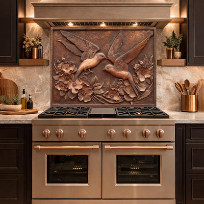 Copper Birds and Rose Relief Tempered Glass Backsplash, Rustic Metal Floral Wall Panel