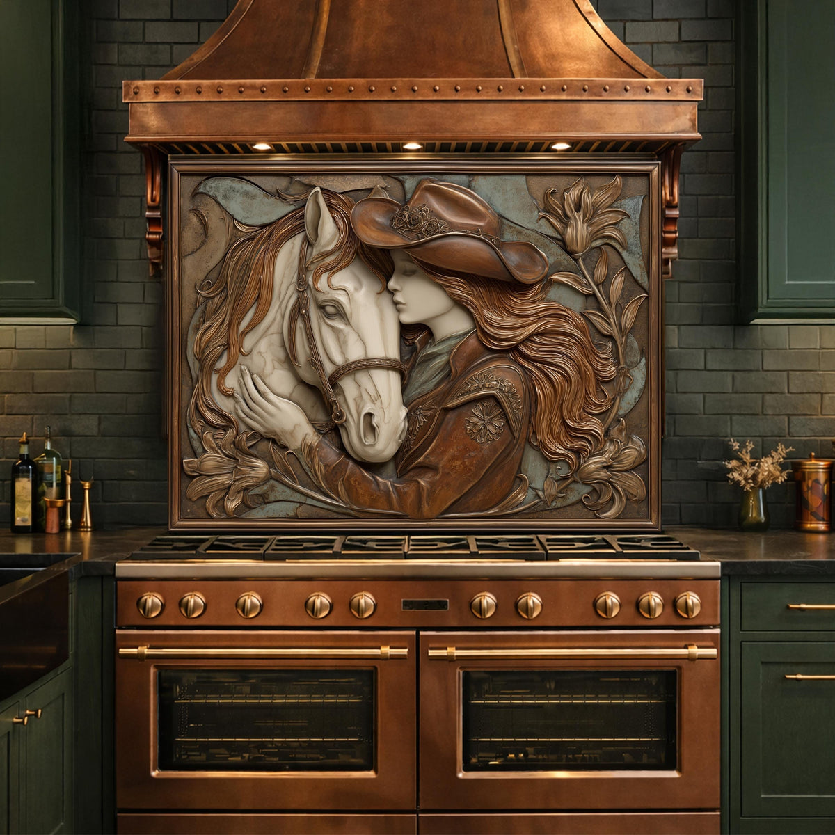 Cowgirl and Horse Bond Tempered Glass Backsplash, Western Relief Wall Panel, Stove Guard
