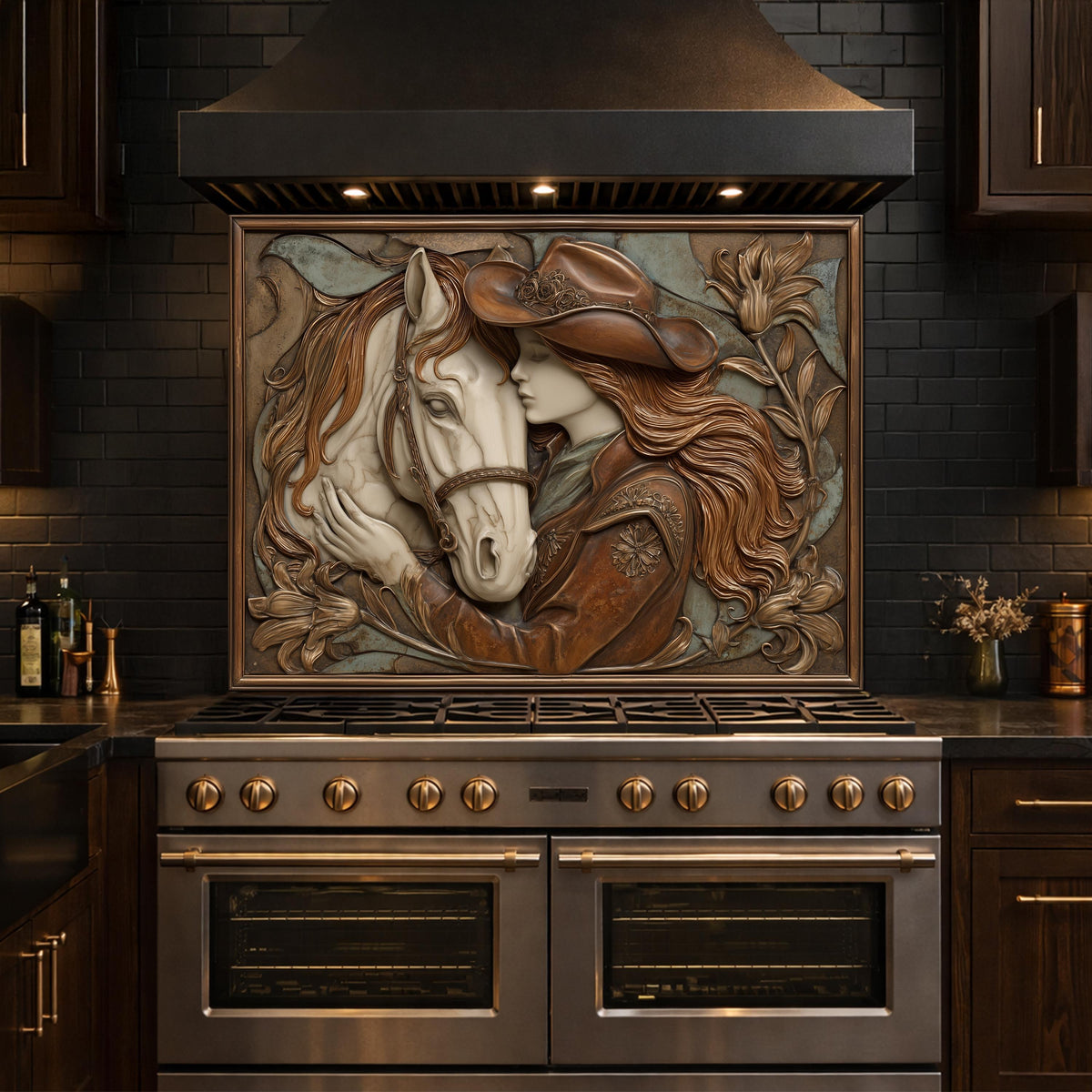 Cowgirl and Horse Bond Tempered Glass Backsplash, Western Relief Wall Panel, Stove Guard