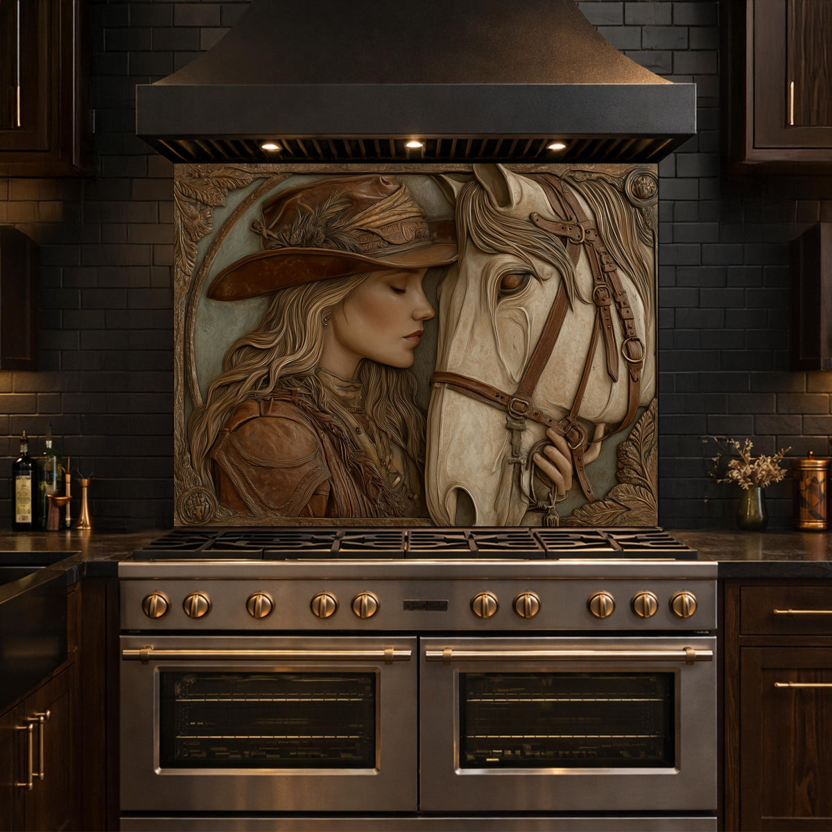 Western Cowgirl and Horse Tempered Glass Backsplash, Rustic Wood Carved Wall Panel, Stove Guard
