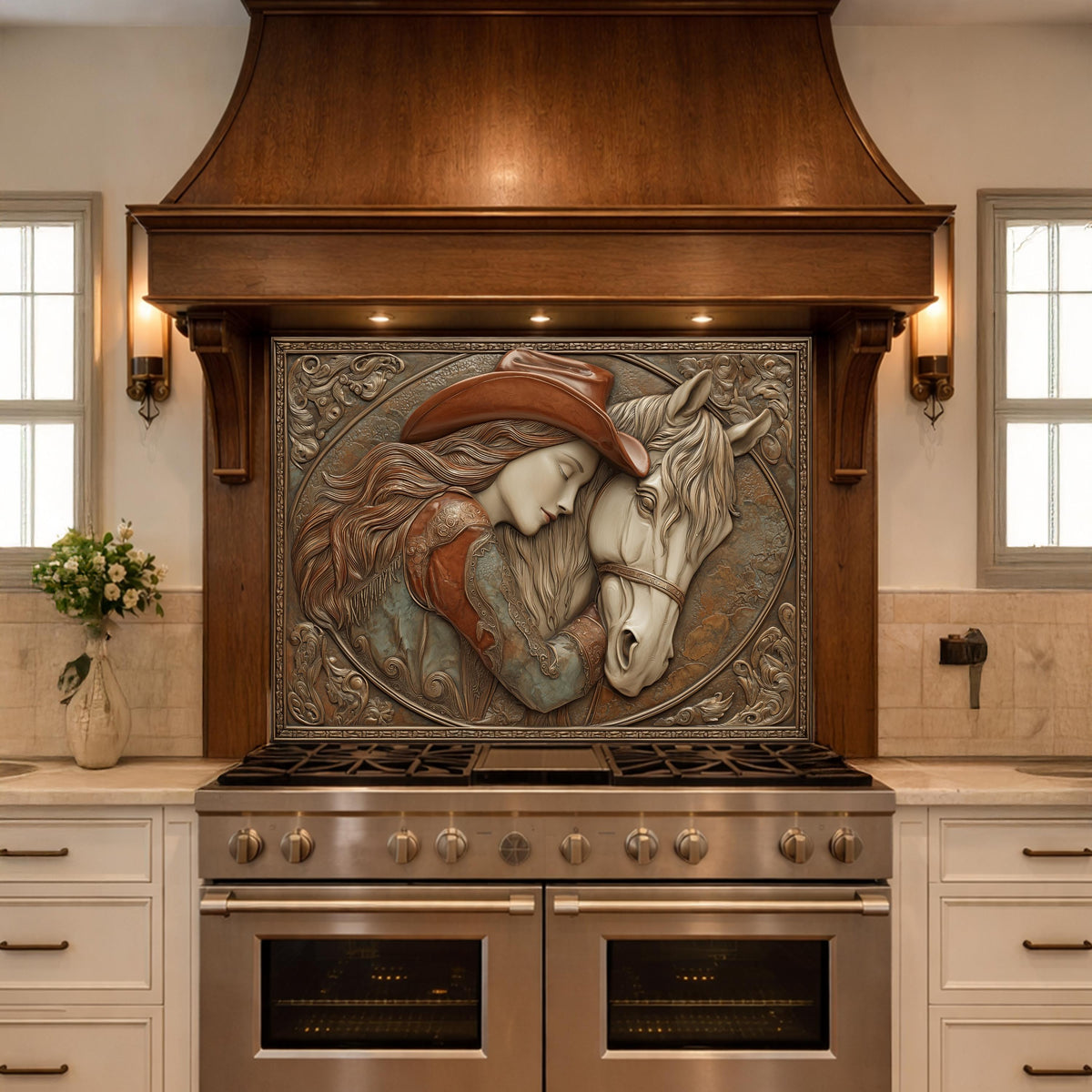 Romantic Cowgirl and Horse Bond Tempered Glass Backsplash, Rustic Western Relief Wall Panel