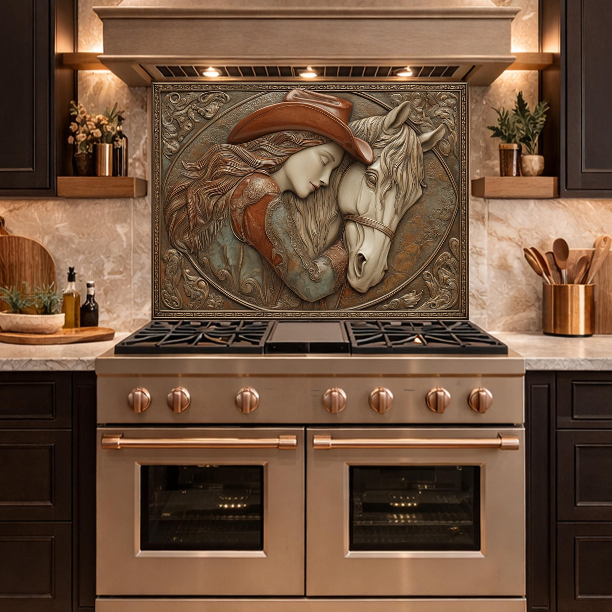 Romantic Cowgirl and Horse Bond Tempered Glass Backsplash, Rustic Western Relief Wall Panel