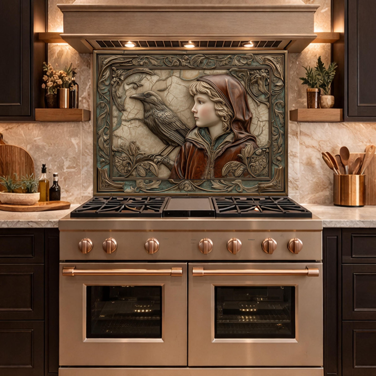 Ethereal Forest Child & Raven Tempered Glass Backsplash, Mythical Relief Wall Panel, Stove Guard
