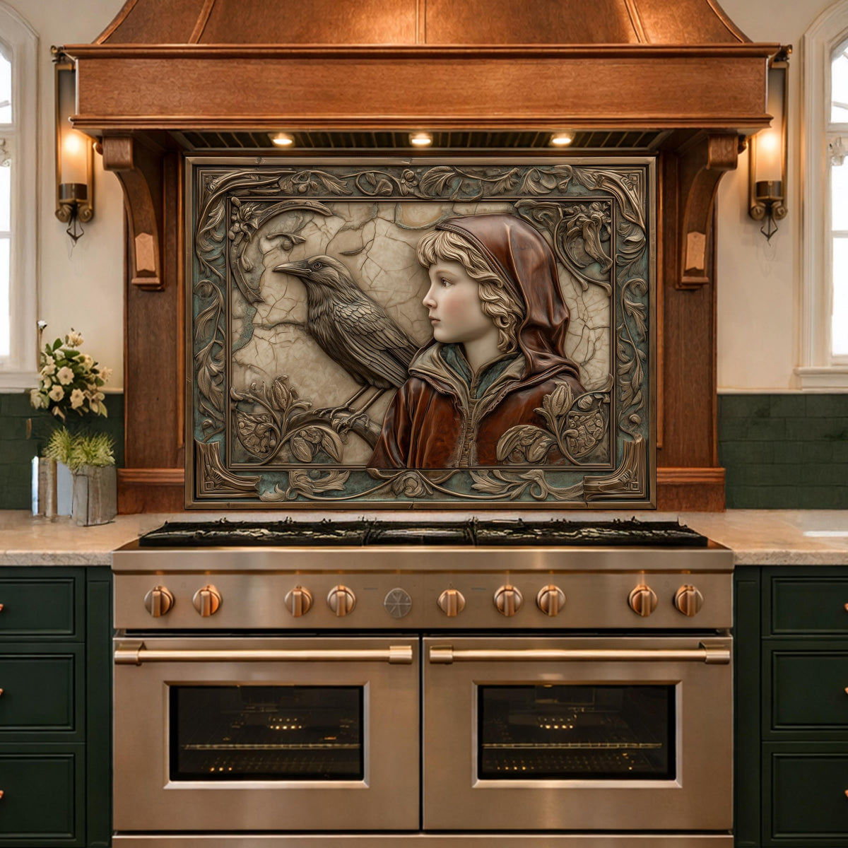 Ethereal Forest Child & Raven Tempered Glass Backsplash, Mythical Relief Wall Panel, Stove Guard