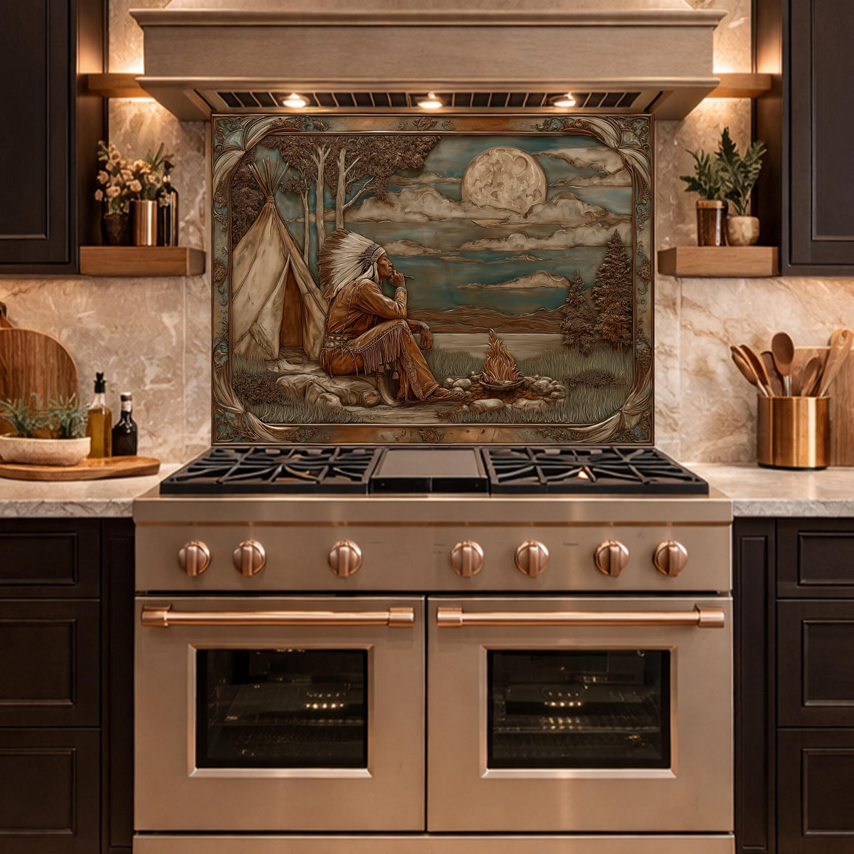 Native American Leader Moonlit Campfire Tempered Glass Backsplash, Western Heritage Relief Wall Panel