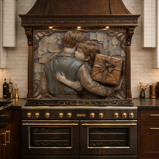 Father Child Tempered Glass Backsplash, Emotional Family Art Panel, Copper Relief Kitchen Wall Decor