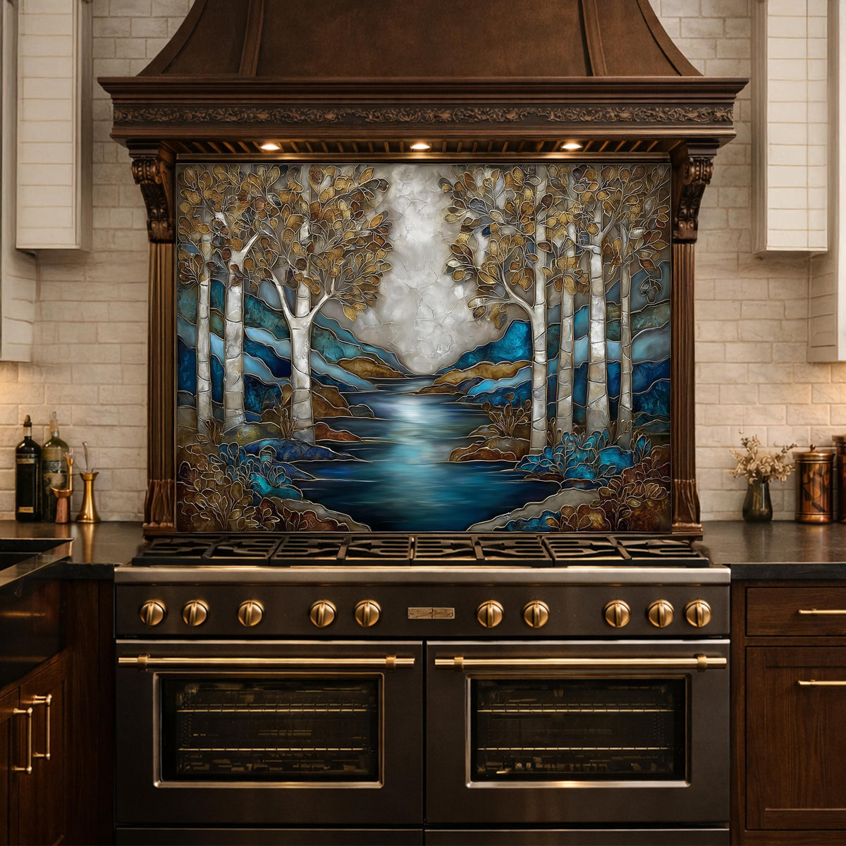 Teal Gold Forest Lake Backsplash Stained Glass Landscape Wall Art Tempered Glass Panel