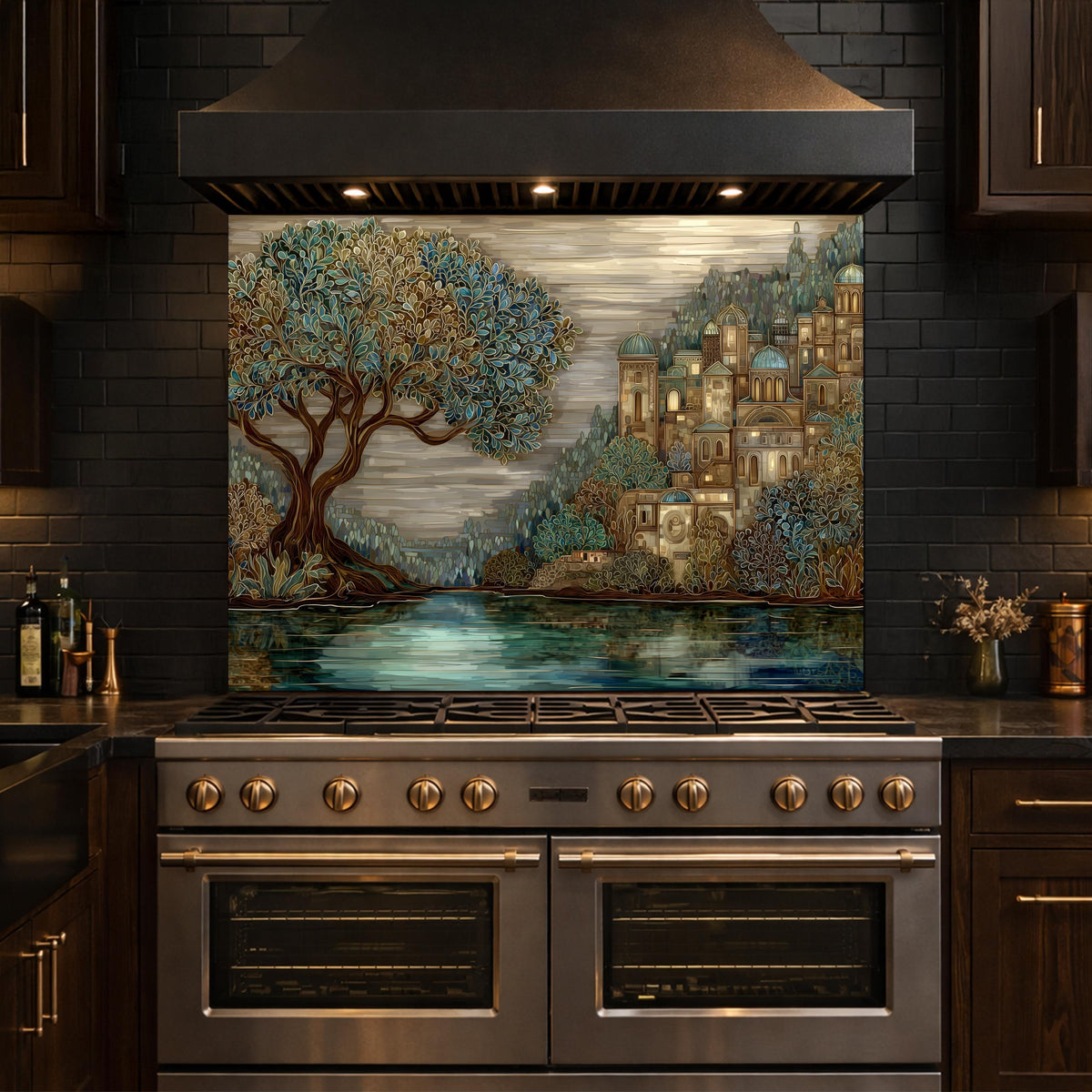 Tree Landscape Glass Backsplash European City Blue Gold Kitchen Wall Art