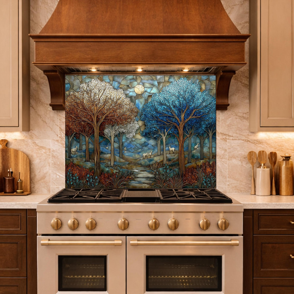 Stained Glass Forest Backsplash, Deer Mountain Landscape Kitchen Wall Art Panel