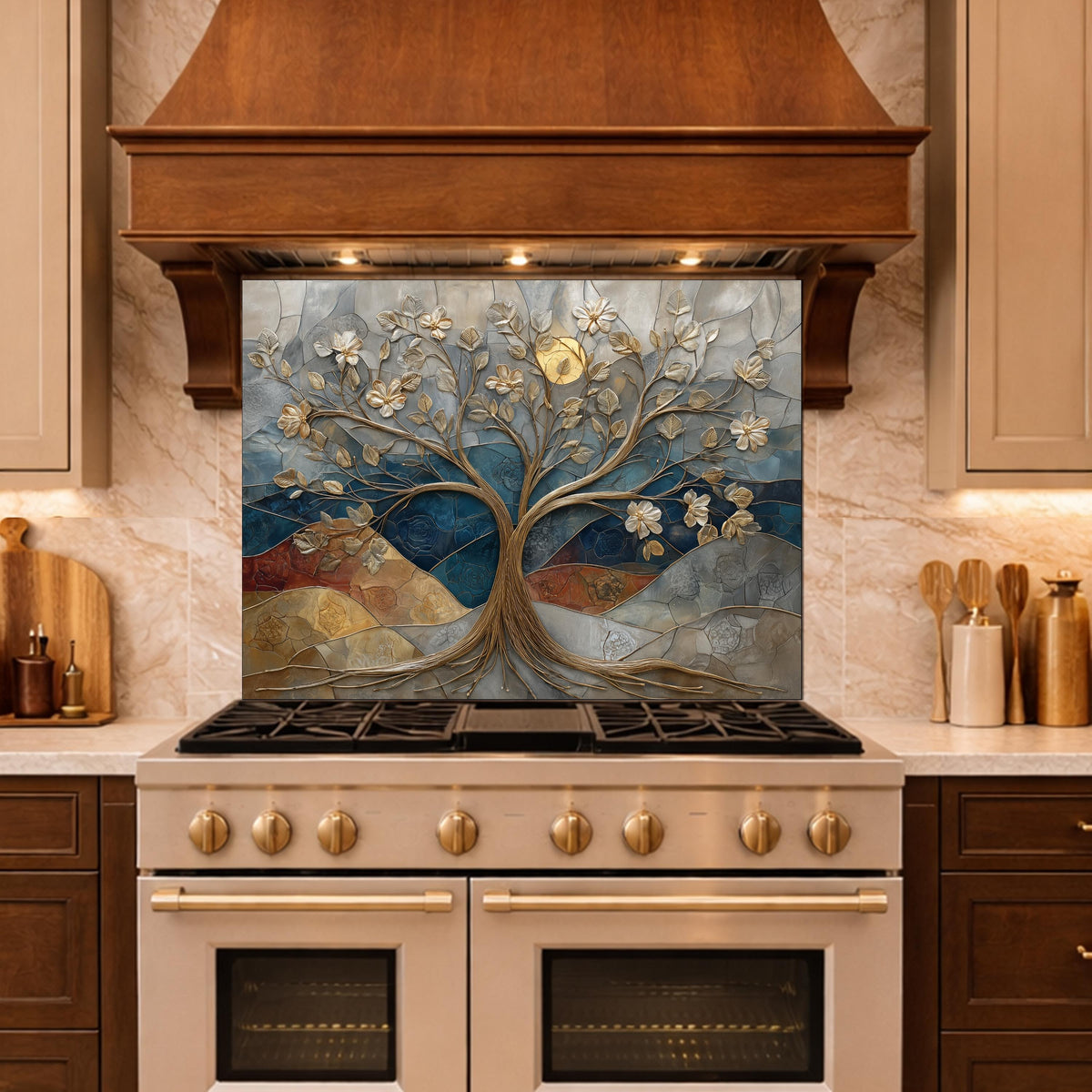 Floral Tree Glass Backsplash, Gold Botanical Kitchen Wall Art Panel Decor
