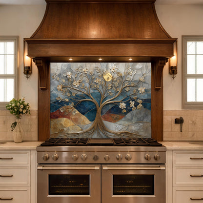 Floral Tree Glass Backsplash, Gold Botanical Kitchen Wall Art Panel Decor