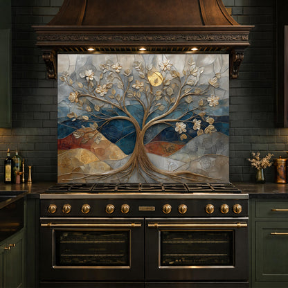 Floral Tree Glass Backsplash, Gold Botanical Kitchen Wall Art Panel Decor
