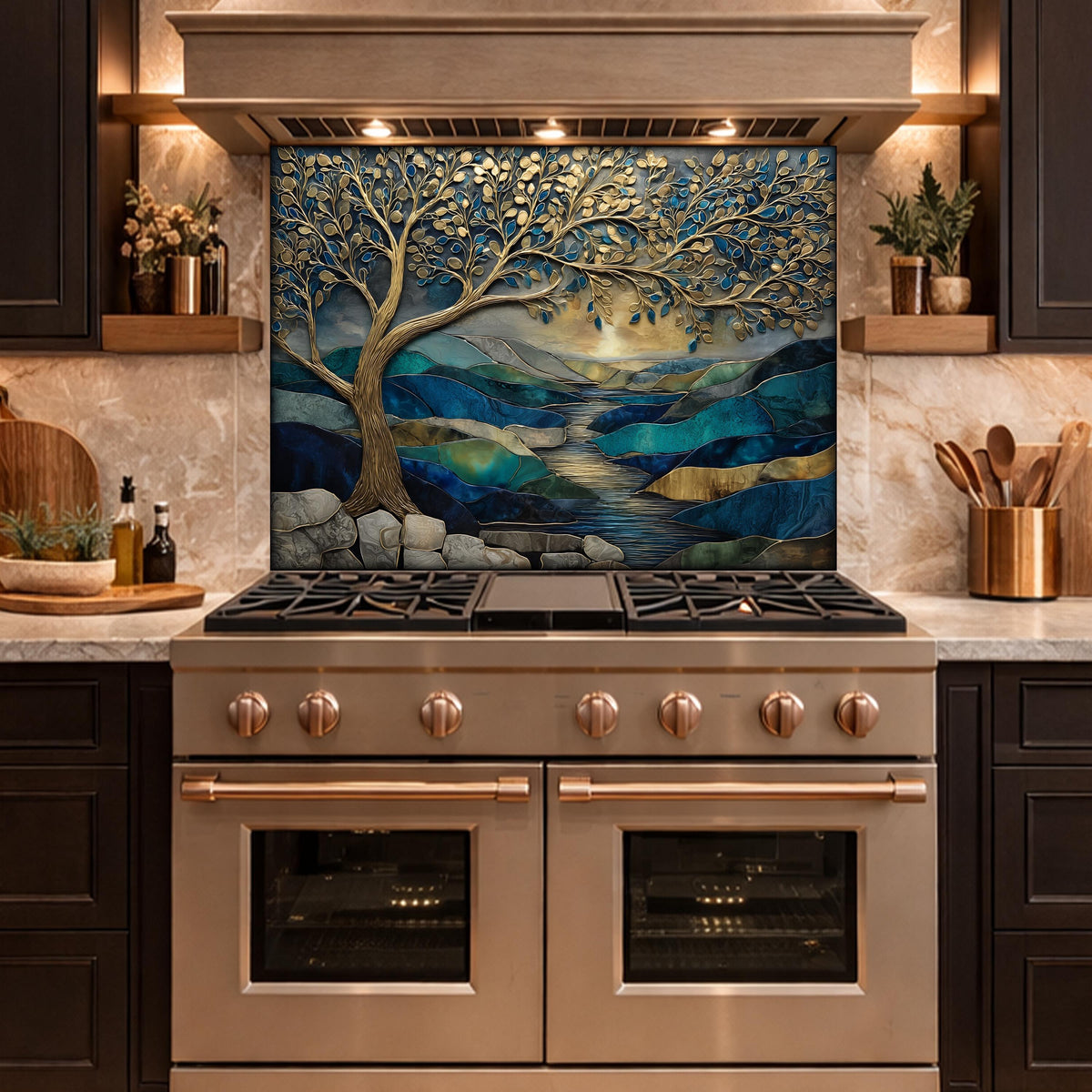 Tree of Life Glass Backsplash, Blue Gold Landscape Kitchen Wall Panel