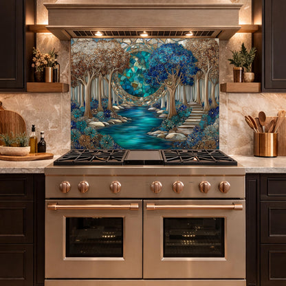 Tempered Glass Kitchen Panel, Forest River Mosaic Splashback, Blue Floral Nature Art