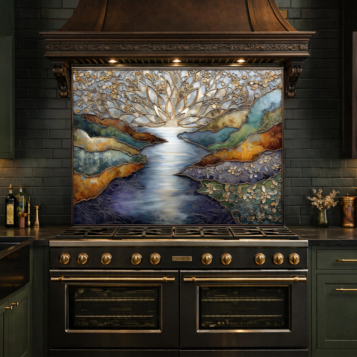 Floral Stained Glass Kitchen Backsplash, Luxury Mosaic Panel Behind Stove Wall Decor
