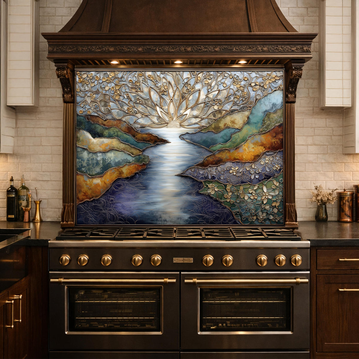 Abstract Landscape Kitchen Panel, Tempered Glass Wall Decor, Blue Gold Mosaic Splashback