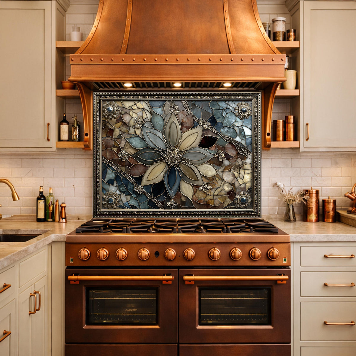 Floral Stained Glass Kitchen Backsplash, Luxury Mosaic Panel Behind Stove Wall Decor