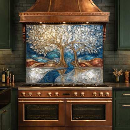 Tree of Life Kitchen Backsplash, Glass Panel Behind Stove, Blue Gold Abstract Wall Decor