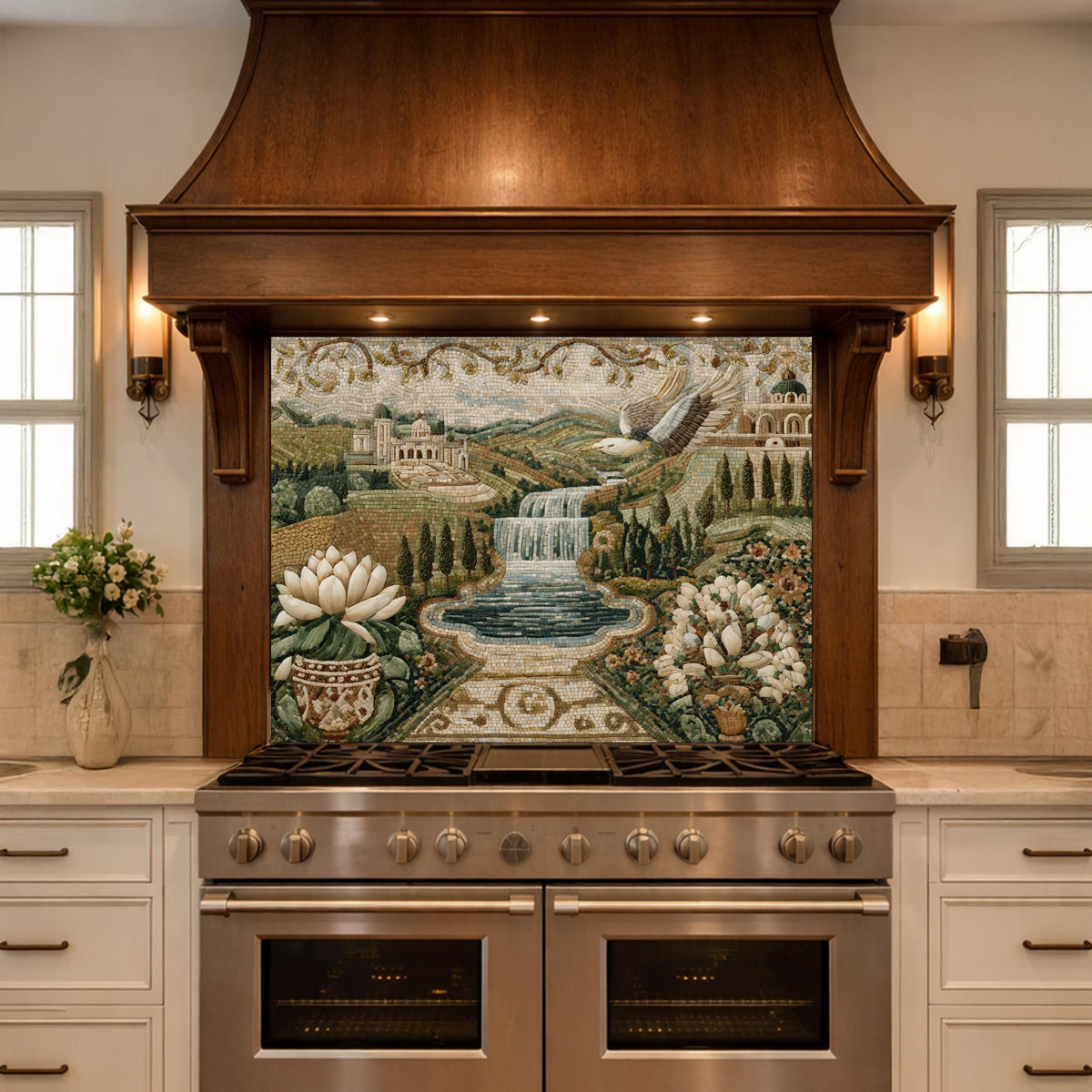 Mediterranean Mosaic Tempered Glass Backsplash, Waterfall Kitchen Decor, Villa Landscape Print