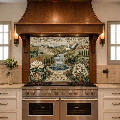 Mediterranean Mosaic Tempered Glass Backsplash, Waterfall Kitchen Decor, Villa Landscape Print