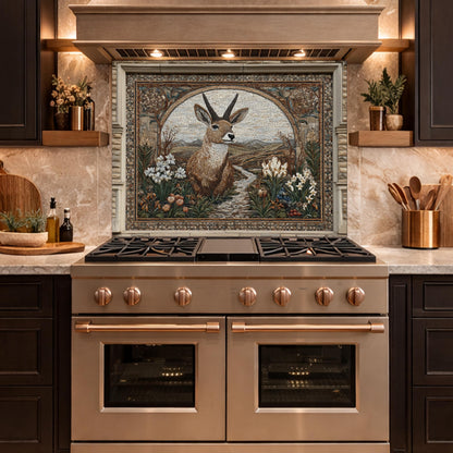 Deer Mosaic Tempered Glass Backsplash, Rustic Wildlife Kitchen Decor