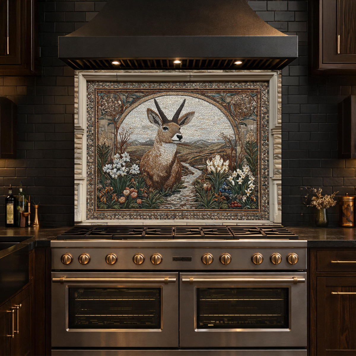 Deer Mosaic Tempered Glass Backsplash, Rustic Wildlife Kitchen Decor