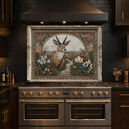 Deer Mosaic Tempered Glass Backsplash, Rustic Wildlife Kitchen Decor