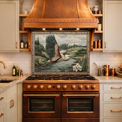 Heron Mosaic Tempered Glass Kitchen Backsplash, Wildlife Stove Decor