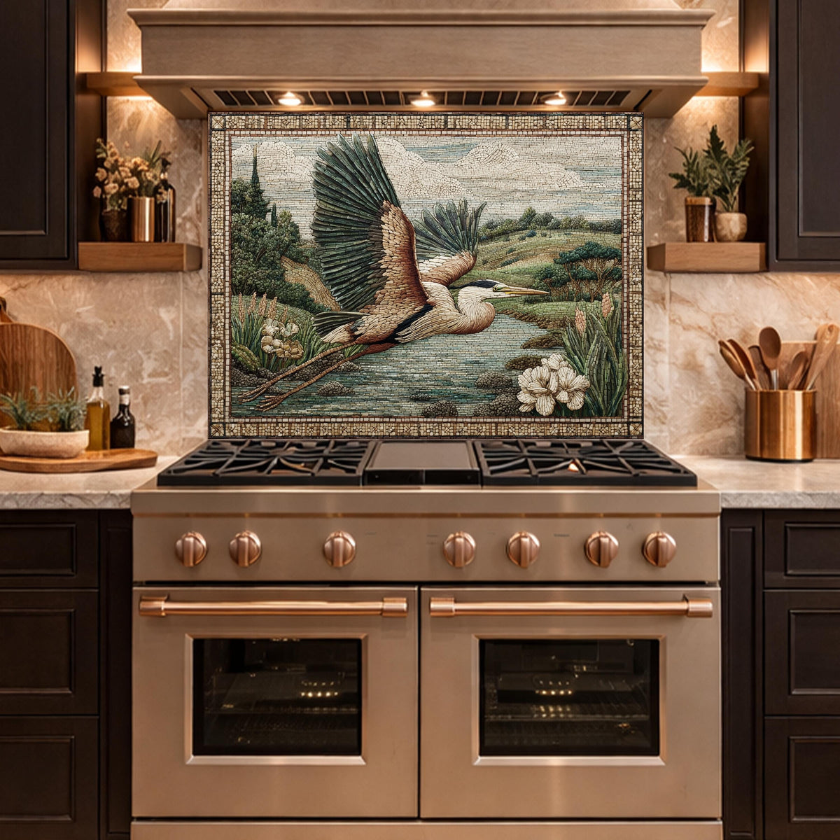 Heron Mosaic Tempered Glass Kitchen Backsplash, Wildlife Stove Decor