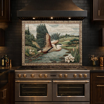 Heron Mosaic Tempered Glass Kitchen Backsplash, Wildlife Stove Decor
