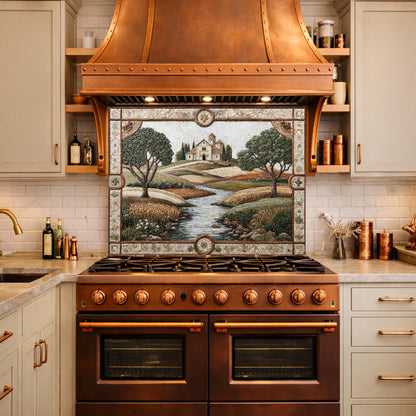 Tuscan Landscape Tempered Glass Kitchen Backsplash, Farmhouse Stove Decor