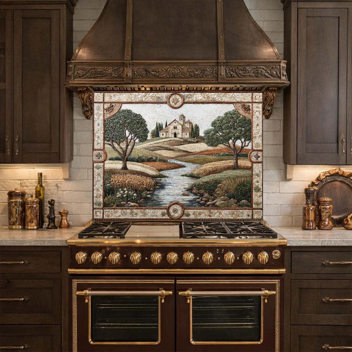 Tuscan Landscape Tempered Glass Kitchen Backsplash, Farmhouse Stove Decor