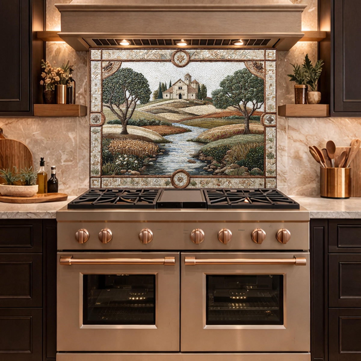 Tuscan Landscape Tempered Glass Kitchen Backsplash, Farmhouse Stove Decor