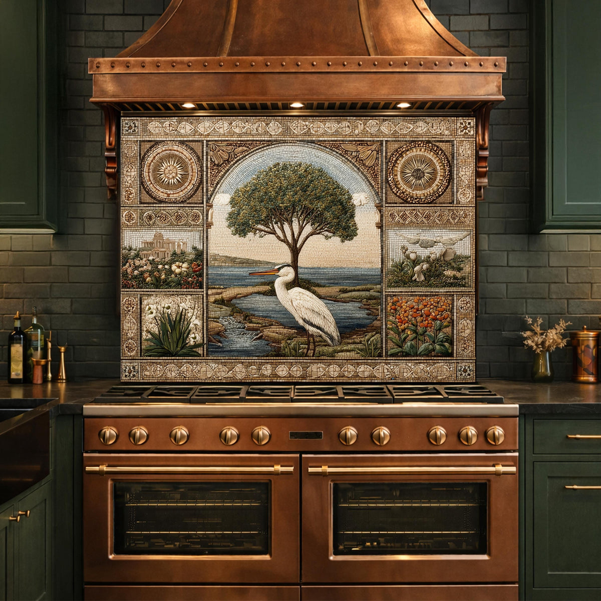 Heron Mosaic Tempered Glass Kitchen Backsplash, Mediterranean Stove Decor