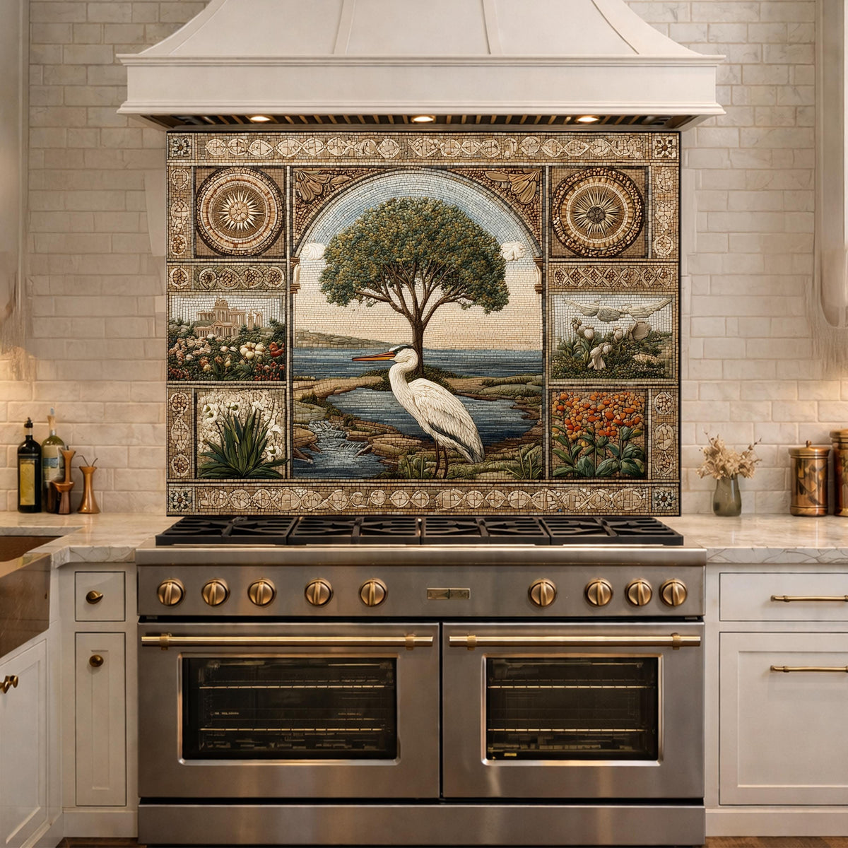 Heron Mosaic Tempered Glass Kitchen Backsplash, Mediterranean Stove Decor