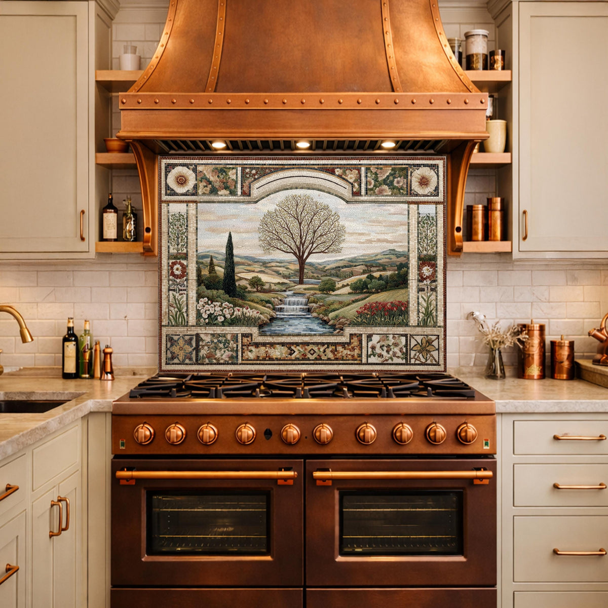 Tempered Glass Tree of Life Kitchen Backsplash, Waterfall Stove Decor