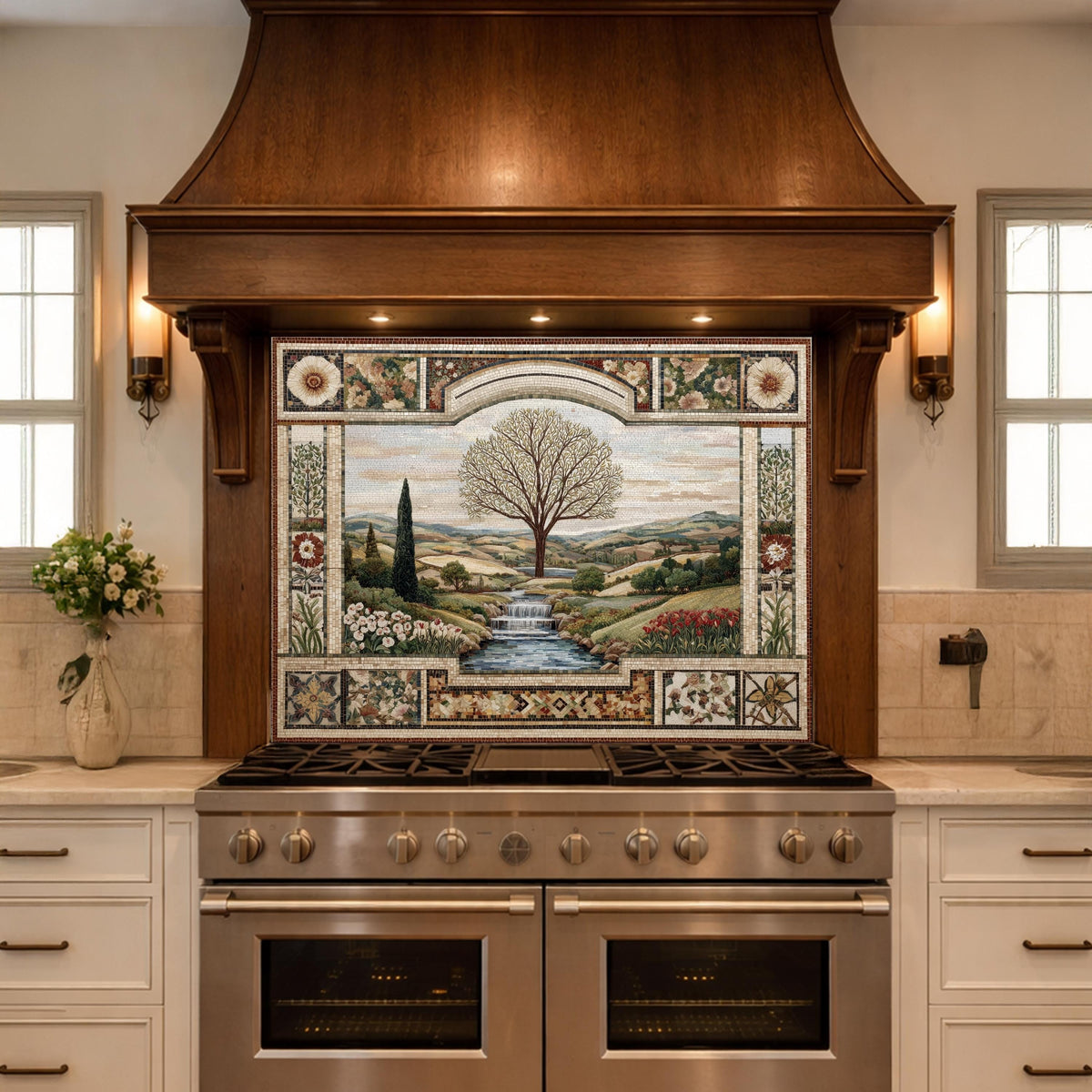 Tempered Glass Tree of Life Kitchen Backsplash, Waterfall Stove Decor