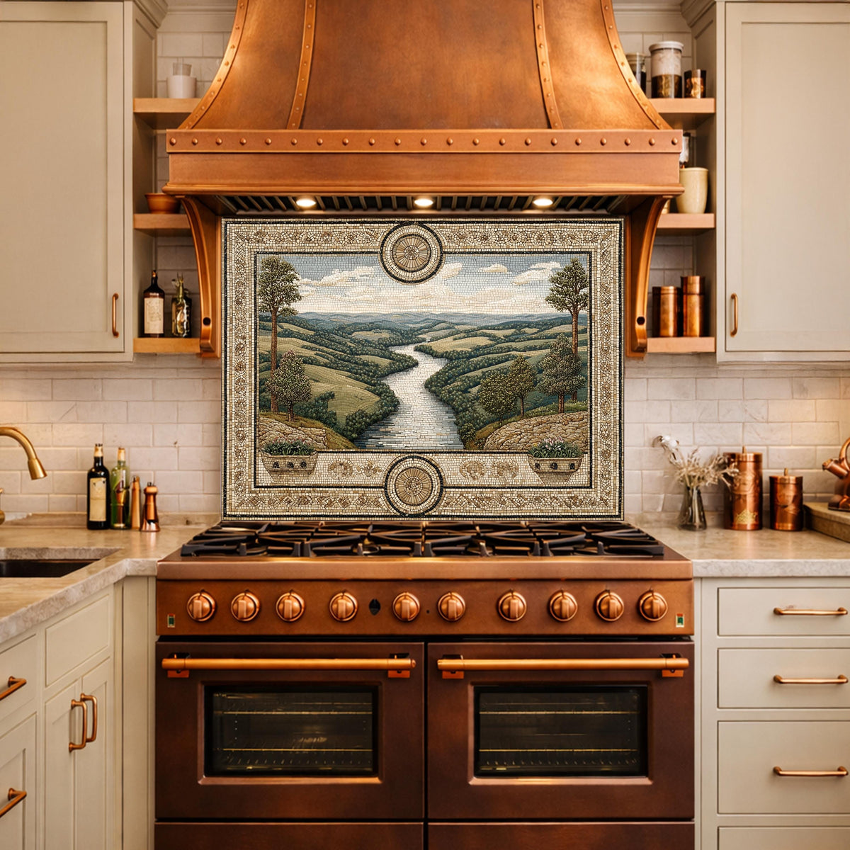 Tuscan Landscape Tempered Glass Backsplash, Mediterranean Kitchen Stove Decor