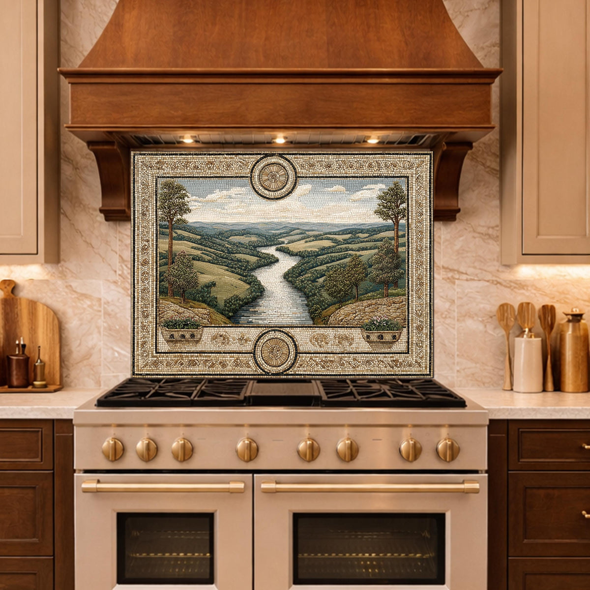 Tuscan Landscape Tempered Glass Backsplash, Mediterranean Kitchen Stove Decor